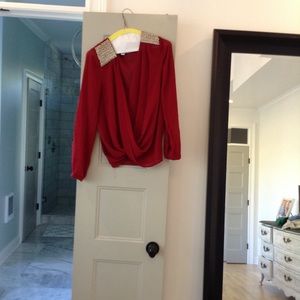 Red Long Sleeve Cross Over Top